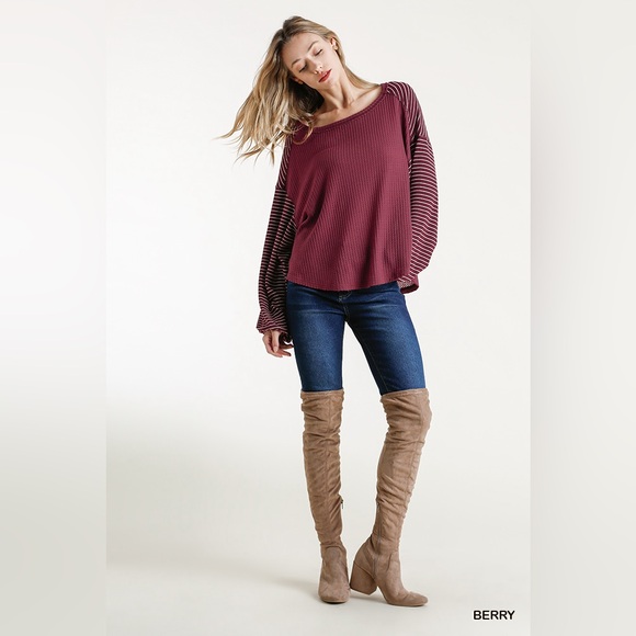 NWT UMGEE Striped Ribbed Sleeve Wide Round Neck Waffle Knit Top - Picture 3 of 3